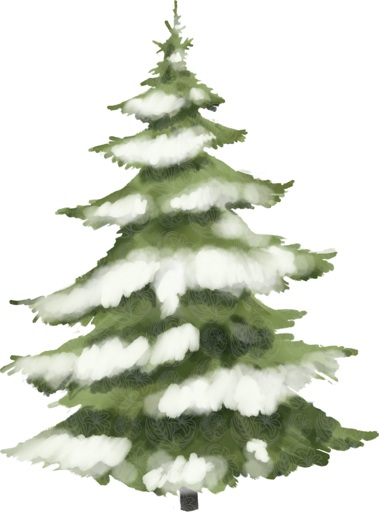Snowy pine tree with layered snow-covered boughs in watercolour style, Grey Barn Handwerk, Saskatchewan.